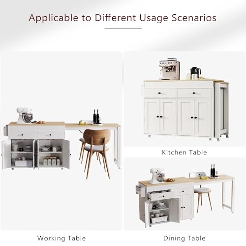 Kitchen Island, Extendable Dining Table with Storage | Extendable dining table, expands from prep station to dining table, seats up to 2 extra guests, saves space when closed - color: White