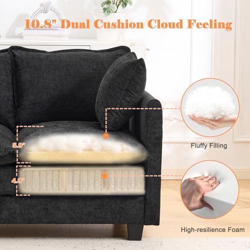 50'' Loveseat Sofa Cloud Sofa Couch, Modern Loveseats 2 Seat Couch 27" Deep Seat with 2 Pillows for Small Spaces Apartment Studio Office Bedroom Living Room, Black - color: Black, size: 50"