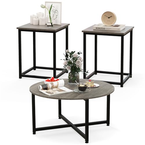 COSTWAY Coffee Table Set of 3, Wood Grain Round Coffee Table and 2 Square End Side Tables with Metal Frame, Modern 3-Piece Living Room Tables Set for Small Space, Apartment (Gray & Black) - color: Gray & Black