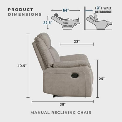 Lexicon Polished Microfiber Wall Hugger Manual Reclining Chair, Dove | 39.5"W Manual Recliner, Home Theater Seating for Living Room/Office/Apartment - color: Dove, size: Recliner