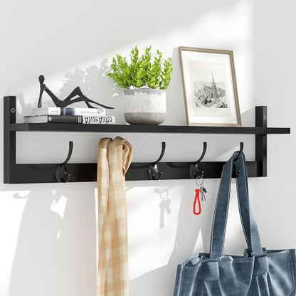 BAMEOS Wall-Mounted Shelf with Hooks - 28.9 Inch Entryway Hanging Shelf with 5 Dual Hooks for Bathroom, Living Room, Bedroom (Black) - style: Black-28.9IN with shelf