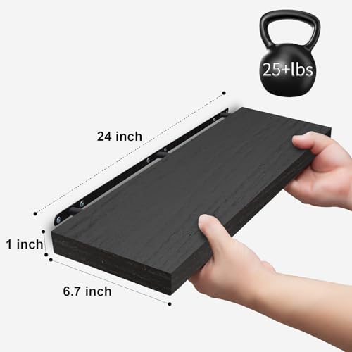 SAUMONIERES Floating Wall Shelves for Bedroom Bathroom Wall Mounted Solid Wood Shelf 24 Inch Set of 3, Black - color: Black, size: 24 Inch-3 shelves