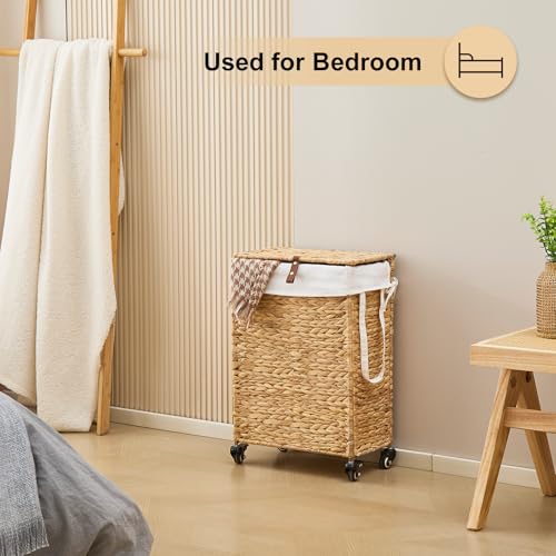 Rolling Laundry Hamper with Lid and Wheels, Slim Laundry Basket with Removable Liner Bag & 2 Mesh Bags, Handwoven Water Hyacinth Clothes Hamper for Bedroom Bathroom (Natural, 50L) - color: Natural/With Lid/50L
