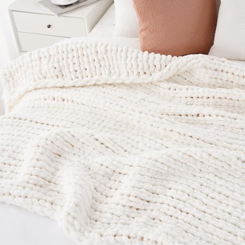 Chunky Knit Throw Blanket for Couch, White Knit Throw Blanket, 50"x60" | Handmade Cable Knit Crochet Blanket, Soft Thick Knot Knitted Throw Blankets for Bed Sofa ,Cream Neutral Blanket Throw - color: Cream