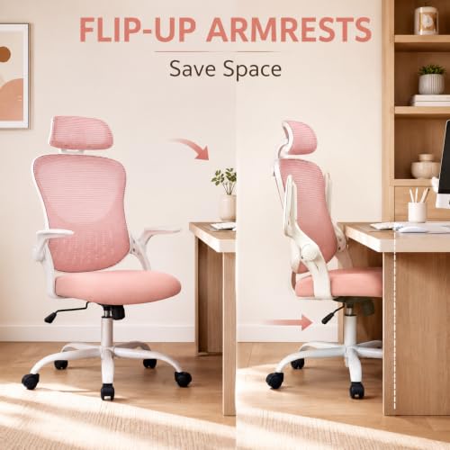 Pink Ergonomic Office Chair, High Back Mesh Desk Chair with Adjustable Headrest Lumbar Support, Computer Chairs with Flip-up Armrests and Thickened Cushion for Adults Home Office, 360° Swivel - color: Pink With Headrest