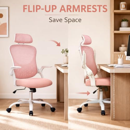 Pink Ergonomic Office Chair, High Back Mesh Desk Chair with Adjustable Headrest Lumbar Support, Computer Chairs with Flip-up Armrests and Thickened Cushion for Adults Home Office, 360° Swivel - color: Pink With Headrest