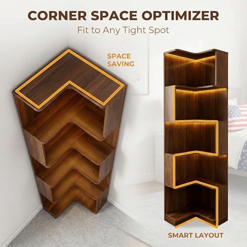 Corner Bookshelf, 5 Tier Tall Corner Bookcase with LED Lights, Freestanding L Shaped Open Display Shelf for Living Room, Bedroom, Home Office (Walnut) - style: Walnut-without drawers