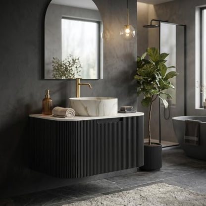24" Floating Bathroom Vanity with Sink, Wall Mounted Plywood Cabinet, Black Fluted Front, Sintered Stone Countertop, White Marble-Look Ceramic Vessel Sink, Soft-Close Drawer, Pre-Assembled - color: Black Cabinet / White Marble Sink, size: 24 Inch