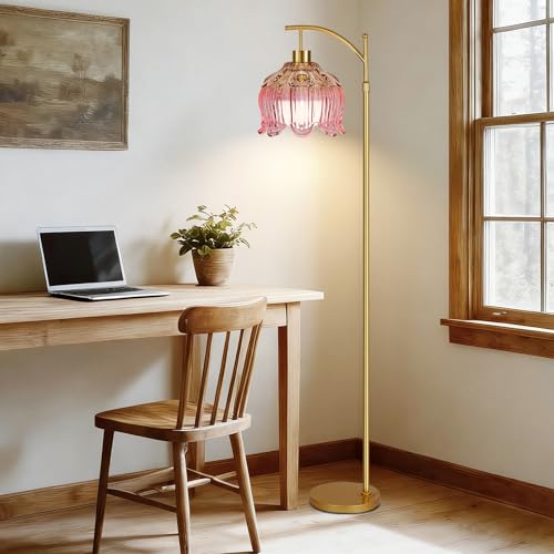 ILLMTW Pink Floor Lamp for Living Room,Bedroom,Glass Mid Century Modern Standing Lamp with Remote,Dimmable Gold Brass Tall Lamp Tulip Flower Arc Floor Light Boho Bohemian - size: Floor Lamp-23