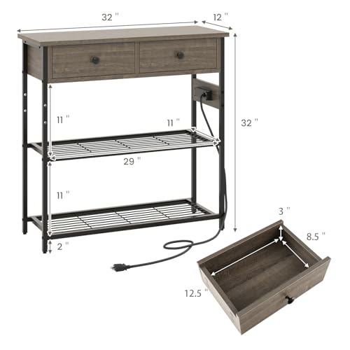 GIANTEX Industrial Console Table with Outlets, 3-Tier Narrow Entryway Table | Long Sofa Table w/ USB Ports, 2 Storage Drawers, Entry Table for Living Room, Hallway, Corridor, Behind Couch Use, Gray