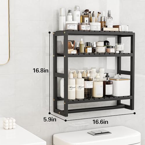 Galood Over The Toilet Storage Bathroom Shelves Wall Mounted Black Sets | 3 Tier Space Saver Corner Shelf Organizer Bamboo Towel Rack Toilet Paper Cabinet with Hanging Rod - color: Black 2pack, size: Standard