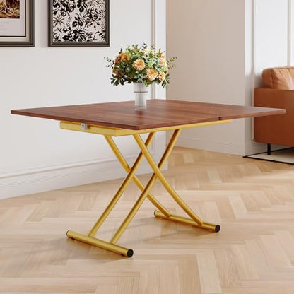 Adjustable Height Coffee Table, Folding Dining Table, Walnut&Gold | Convertible lift top table for use as a coffee table, dining table, home office desk or vanity - color: Walnut & Gold Legs