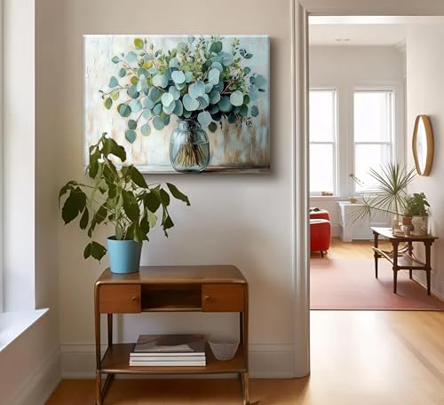 Eucalyptus Flower Vase Canvas Wall Art Sage Green Canvas With Plants Wall Decor Farmhouse Vintage Green Plants Poster Print Artwork for Bathroom Living room Bedroom Home Decoration - color: Eucalyptus flowers, size: 16"L x 12"W