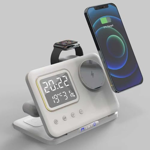 IHAO 5in1 Multi Functional Wireless Charger with Digital Clock 15W Fast Charge Night Light Temperature Display MagSafe Compliant for iPhone iWatch and Qi Headphone-DH13 White - color: 5IN1 MagSafe Compliant DH13 White