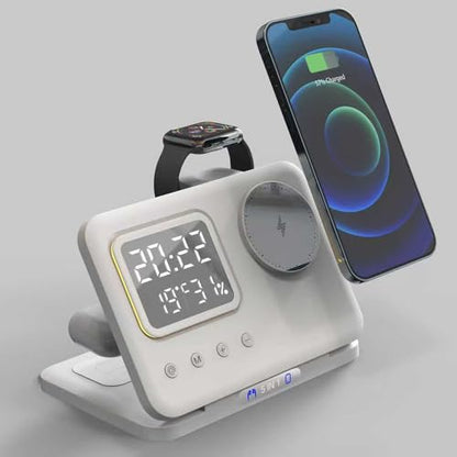 IHAO 5in1 Multi Functional Wireless Charger with Digital Clock 15W Fast Charge Night Light Temperature Display MagSafe Compliant for iPhone iWatch and Qi Headphone-DH13 White - color: 5IN1 MagSafe Compliant DH13 White
