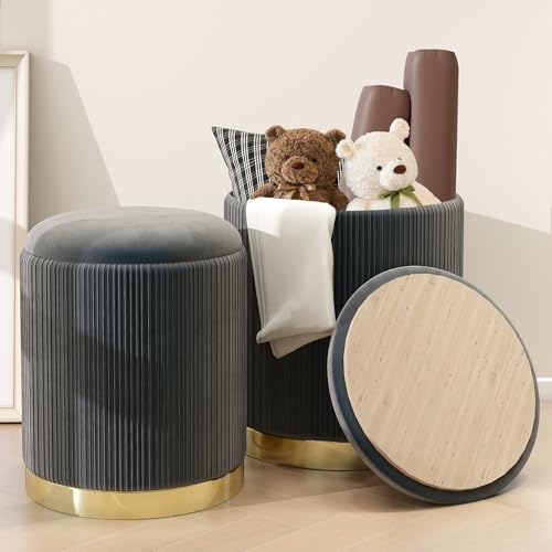 Caroeas 2 Pack Round Ottoman with Storage, Upholstered Velvet Storage Ottoman with Gold Trim, Vanity Stool for Makeup, Foot Rest for Living Room, Bedroom, Gray - color: Gray With Gold Trim