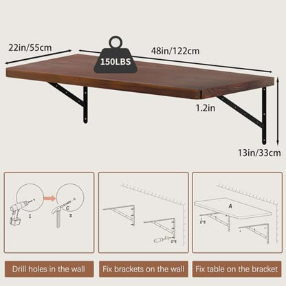 Floating Wall Desk for Home Office,Wall Mounted Table with Pine Wood,48 Inch Workbench for Garage,Work Table with Heavy Duty Brackets for Kitchen,Dining,Laundry,Floating Shelf for Wall - size: 48 Inch