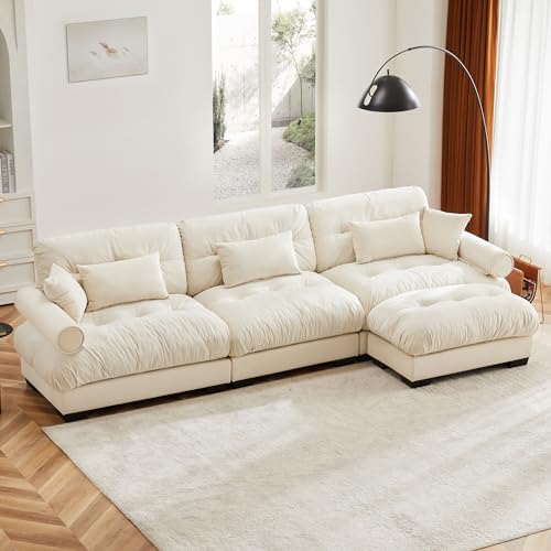 130" Modular Sectional Sofa,Velvet Upholstered Couches for Living Room,3 Seater Beige Sofa Couch with Movable Ottoman,Big Comfy Loveseat Sofa with Deep Seats for Living Room,Apartment,Bedroom - color: Beige, size: 3-Seat & 1-Ottoman