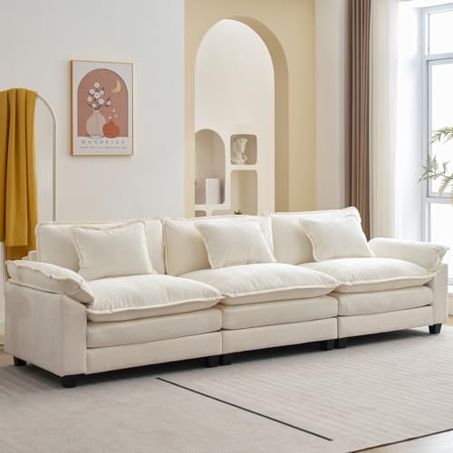 120" Modular Sectional Sofa, Comfy 3 Seater Deep Cloud Couch | Couches for Living Room, Modular Couch, Deep and Wide Seat, Chenille Sofa Sleeper with Throw Pillows, Beige White - color: Beige White, size: 120 Inch
