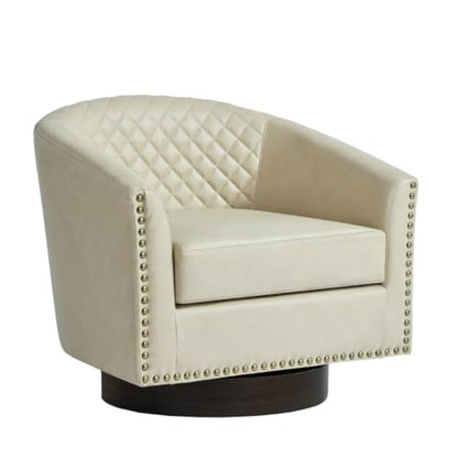 Faux Leather Swivel Accent Chair, Modern Barrel Club Armchair, Beige | Comfy Living Room Chair, Modern Nailhead Trim Round Armchair Bedroom Reading Seat with Removable Cushion, Wood Frame - color: Retro Beige