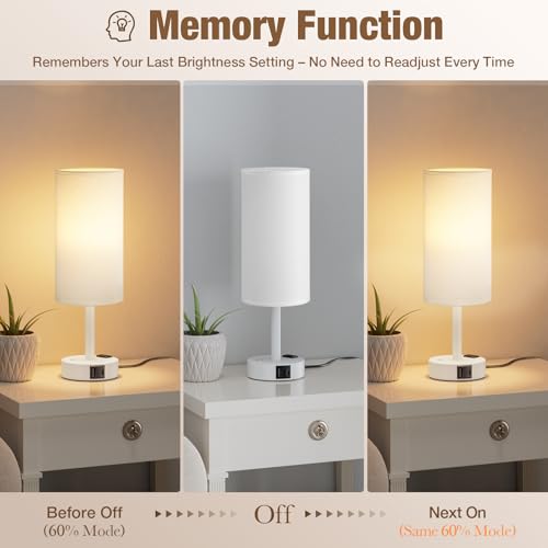 White Touch Bedside Lamp for Bedroom, Stepless Dimmable, USB A+C, AC Outlet | Base Touch Button Only, Memory Brightness, Ultra-dim Night Light, Included Bulb for Optimal Dimming, White Lamp Base, Nursery - color: White & White