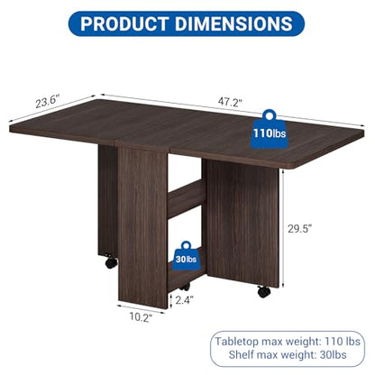 Folding Dining Table with 2-Layer Storage Rack, Drop Leaf Tables, Black | Small Spaces, Foldable Dining Table with 3 Wheels, Kitchen Table, Dining Room - color: Dark Walnut, size: 47.2"D x 23.6"W x 29.5"H