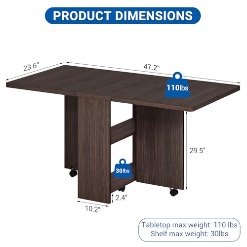 Folding Dining Table with 2-Layer Storage Rack, Drop Leaf Tables, Black | Small Spaces, Foldable Dining Table with 3 Wheels, Kitchen Table, Dining Room - color: Dark Walnut, size: 47.2"D x 23.6"W x 29.5"H