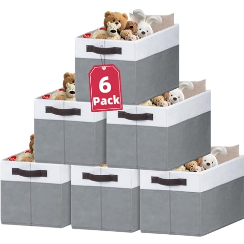 6 Pack Clothes Bins for Organization - 16x12 Extra Large Storage Baskets for Shelves Closet Bedroom - Toy Storage Organizer Bins Boxes Cubes for Nursery - RV Apartment Essentials - color: White with Grey, size: 6pcs - Rectangular 16"x12"