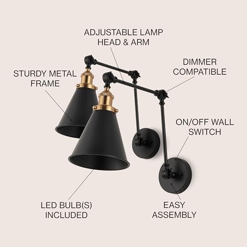 JONATHAN Y Rover 1-Light Wall Sconce 7", Black/Brass Gold, Set of 2 | Adjustable Arm, Hardwired Bedside Reading Swing Arm, Farmhouse Cone Shade, Metal Hardwired Indoor Fixture, LED Bulbs Included - color: Black/Brass Gold, size: Set of 2