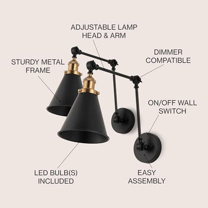 JONATHAN Y Rover 1-Light Wall Sconce 7", Black/Brass Gold, Set of 2 | Adjustable Arm, Hardwired Bedside Reading Swing Arm, Farmhouse Cone Shade, Metal Hardwired Indoor Fixture, LED Bulbs Included - color: Black/Brass Gold, size: Set of 2