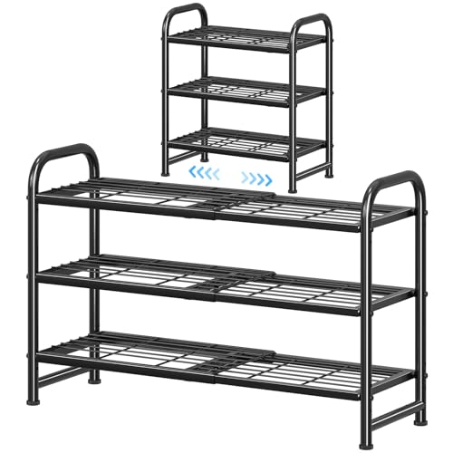 Simple Trending 3-Tier Expandable Shoe Rack, Adjustable & Stackable Shoe Organizer, Heavy Duty Metal Free Standing Shoe Shelf Storage for Closet Entryway Doorway, Black
