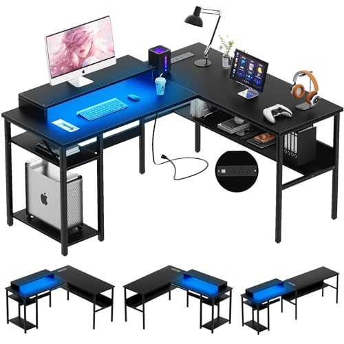 Unikito Reversible L Shaped Desk with Magic Power Outlets and Smart LED Light, Sturdy Corner Computer Desk with Monitor Stand & Storage Shelves, Gaming Table Home Office Desk, Easy Assembly, Black - color: Black