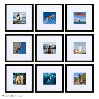 HEART ART 8x8 Black Picture Frame 4x4 with Mat Set of 9 | Gallery Wall Frame Set, Collage, Square Picture Frames - color: Black, size: 8x8 for 4x4