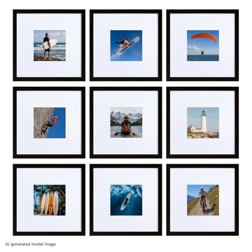 HEART ART 8x8 Black Picture Frame 4x4 with Mat Set of 9 | Gallery Wall Frame Set, Collage, Square Picture Frames - color: Black, size: 8x8 for 4x4