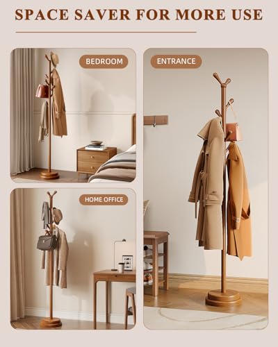 STARSAGA Solid Wood Coat Rack Freestanding Coat Tree with 8 Hooks | Adjustable Height Heavy Duty Coat Rack with Rounded Hooks & Dual-Layer Base, Holds Coats Hats Bags for Entryway, Bedroom - color: Walnut
