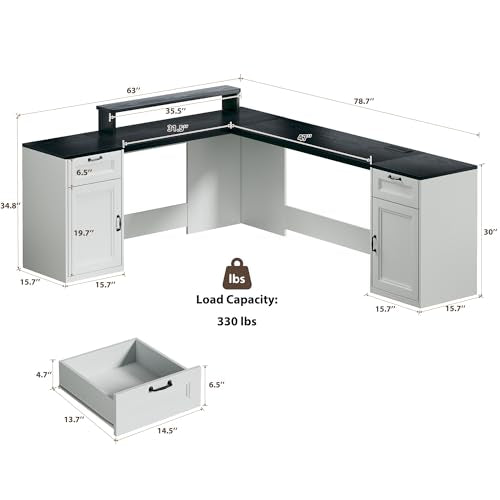 HUAHUU 78" Farmhouse L Shaped Executive Desk with Drawers, Modern Computer Desk with Power Outlets, Office Writing Desk with Monitor Stand & Storage Cabinet, Printer Shelf, Antique White - color: Black and White