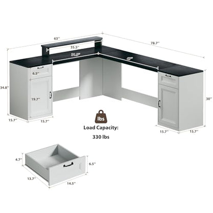 HUAHUU 78" Farmhouse L Shaped Executive Desk with Drawers, Modern Computer Desk with Power Outlets, Office Writing Desk with Monitor Stand & Storage Cabinet, Printer Shelf, Antique White - color: Black and White