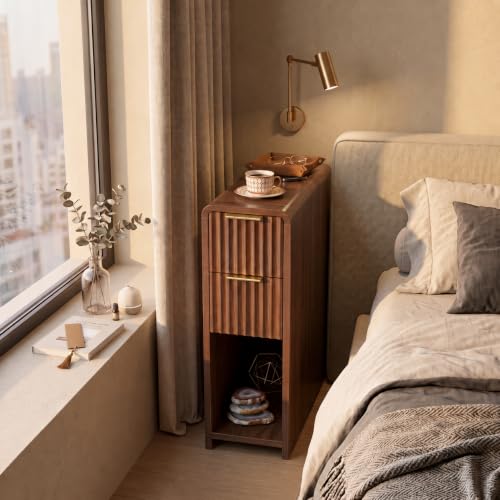Fluted Slim Side Table with 2 Drawers and Bottom Open Shelf, Skinny End Table with Gold Handles, Walnut Narrow Accent Table for Living Room Bedroom