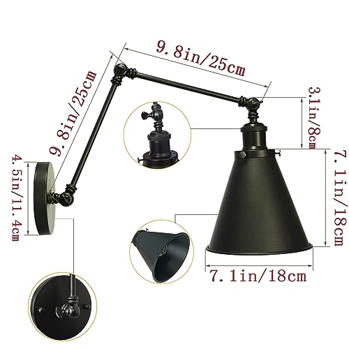Industrial Black Finish Wall Sconce Arm Angle Adjustable E26 Base 1-Light Wall Lamp for Bedroom,Living Room,Study Room,Office