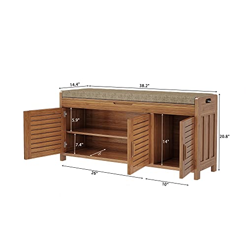 Wilk Shoe Bench with Storage, 2-Tier Shoe Cabinet with Padded Seat Cushion and 3 Darn Doors (38.2’’ (L) x 14.4’’ (W) x 19.7’’ (H)) - size: 38.5" (L) x 14.4" (W) x 19.7" (H)