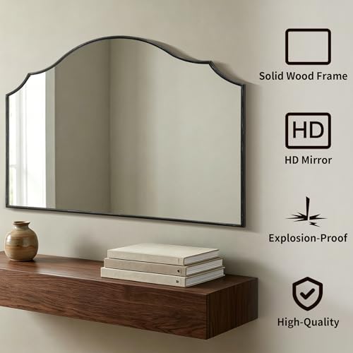 Besdomus Black Scalloped Wall Mirror: 54"x34" Oversized Wood Arched Mirror | Classical Minimalist Decorative Mirror for Fireplace/Bathroom/Bedroom/Entryway/Living Room/Dining Room/Dresser/Over Sink - color: Black, size: 34"L x 54"W