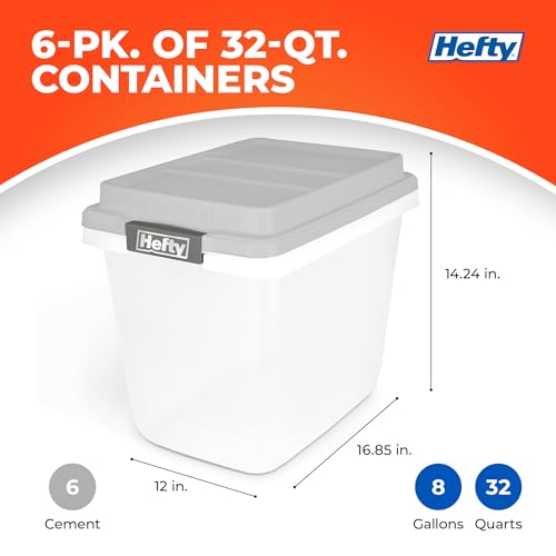 Hefty 32 Qt Hi-Rise Storage Bin with Lid, Stackable Plastic Storage Container, Organizer for Home, Garage & Closet, 6 Pack, Gray - size: 32 QT - 6 Pack