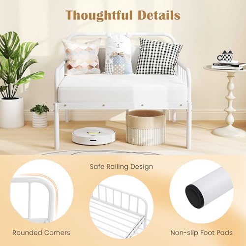 GIANTEX Metal Twin Bed Frame, Convertible Sofa Bed with Headboard & Armrests, Pull-Out Sleeper Chair Bed for Small Spaces Dorm Guest Apartment, Suitable for Folding Sofa Mattress, White - color: White