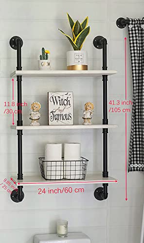 HDDFER White Floating Shelves 24 inch Pipe Wall Shelves Bathroom Shelves Over Toilet with Wood Planks Industrial Pipe Floating Shelves Farmhouse Bathroom Pipe Shelves Wall Mounted - color: White, size: 3Tier24in