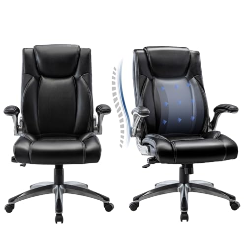 COLAMY Executive Office Ergonomic Chair with Thick Bonded Leather, 300lbs Capacity Big and Tall High Back Desk Chair with Flip-up Armrests, Adjustable Height and Tilt for Working, Study, Gaming,2PC - color: 287-black, size: Set of 2