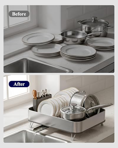 Kitsure Dish Drying Rack - Stainless Steel Dish Rack with Cutlery Holder, Rust-Resistant Wrapped Edges, Space-Saving Dish Racks for Kitchen Counter, 16.3" x 12.7" x 4.6", Black