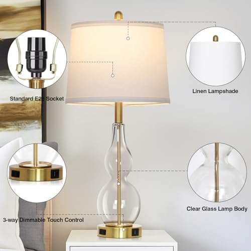 Rinweey 27.5" Clear Glass Table Lamp Set of 2,3-Way Dimmable Touch Control Bedside Lamps with USB Ports and AC Outlet, Modern Nightstand Lamps Gold lamp for Bedroom Living Room - color: Clear