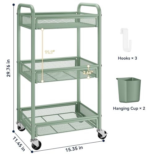 3 Tier Metal Rolling Cart, Green Utility Storage Cart with Wheels | Metal Mesh Craft Cart With Hooks & Hanging Cups, Ideal For Kitchen, Bathroom, Office, Dorm, Art Workspace, Bedside Storage - color: Green