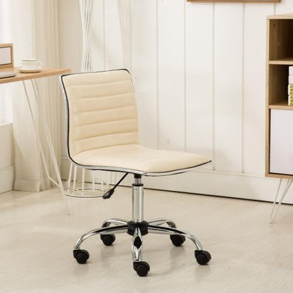Small Armless Swivel Vanity Office Desk Chair with Wheels for Bedroom Study | Adjustable Task Chairs with Faux Leather Fabric & Padded Seat, Modern Adjustable Height Work Chairs for Home Office, Beige - color: Beige