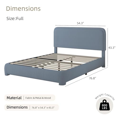 BarnFurin Full Bed Frame, Cloud Boucle Headboard, Rounded Corners, Blue | Soft boucle and rounded edges create a low-profile cloud look. Wooden slats support the mattress without a box spring - color: Blue, size: Full